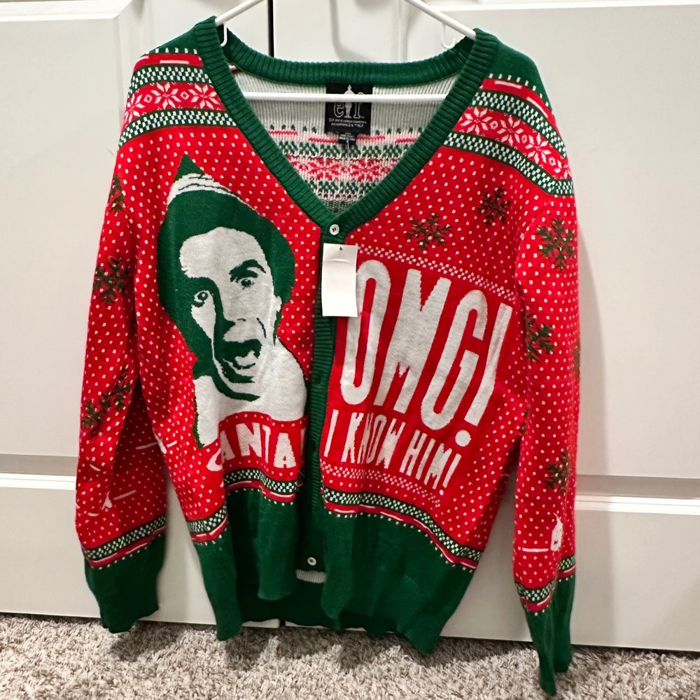 Elf Movie Buddy the Elf Christmas Cardigan Sweater Red Green Mens Large